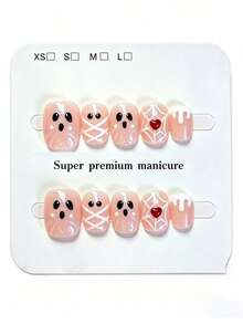 10pcs Pure Handmade Oval Press On Nails, Y2k Vintage Sweet Cool Halloween Style,Pink Glitter Base, Cartoon Ghost Face,Spider Web, Red Heart & Cream Drip Line Patterns For Women And Girl, Spring Summer Fall Winter Festivals Party And Daily Life Use - Pink - View 1