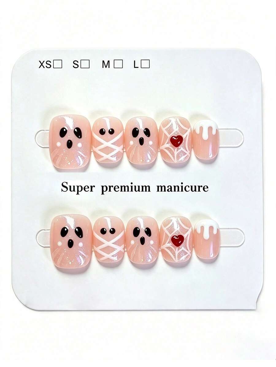 10pcs Pure Handmade Oval Press On Nails, Y2k Vintage Sweet Cool Halloween Style,Pink Glitter Base, Cartoon Ghost Face,Spider Web, Red Heart & Cream Drip Line Patterns For Women And Girl, Spring Summer Fall Winter Festivals Party And Daily Life Use - Pink - View 1