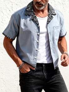 Niche Design Contrast Color Cuban Collar Shirt, Men's Summer Geometric Print Short Sleeve Shirt - Blue - View 7