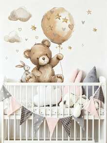 Watercolor Teddy Bear Rabbit Balloon Cloud Wall Decals, Home Decor, Children's Bedroom Supplies, Cute Baby Room Wall Art - Multicolor - View 4