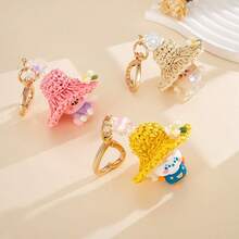 1pc Cartoon Cute Bear Keychain Pendant Woven Straw Hat Decorative Bag Pendant Mobile Phone Hanger Suitable For Girls' Gifts - Multicolor - View 4