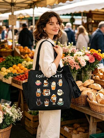 Cartoon Animal Print Tote Bag, Multi-Functional Portable Lunch Bag, Coffee Cat Pattern Lunch Box Bag With Black Utensil Storage Bag, Large Capacity Horizontal Student Meal Insulated Cooler Bag, Vertical Portable Travel Picnic Bag, Suitable For Vacation, Beach, Travel, Commute, Business, Student, Picnic, Camping, Supermarket Shopping, Daily Utensil Storage, Best Teacher's Day Gift, Beach Vacation Essential, Best Back To School Gift