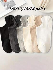 6 Pairs Solid Color Fine Striped Boat Socks, Simple Comfortable Breathable, Women's Socks And Long Socks (1/6/12/18/24 Pairs) - Multicolor - View 2