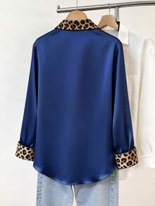 Women's Autumn Patchwork Leopard Print Satin Blouse - Navy Blue - View 4