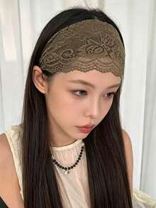 1pc Women's Mori Style Pastoral Olive Green Lace 15cm Wide Hollow Mesh Breathable Elastic Headband - Olive Green - View 2