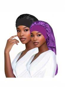 1pc Women's Satin-Lined Bonnet With Elastic Band, Various Colors, Soft Polyester Jersey Lined Long Hair Bonnet, Sleep Cap For Women, Solid Color Nightcap For Bathing & Sleeping, Spring/Summer/Fall Sleep Bonnet - A - View 25