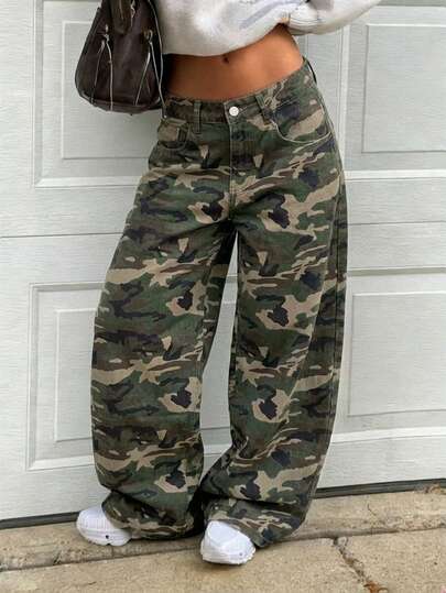 Women's Y2K Casual Loose Fit Camo Bucket Denim Jeans Spring Fall