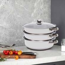 28cm/11in 3-Tier Stainless Steel Steamer Pot With Glass Lid, Silver Multi-Layer Steam Cookware, Dishwasher , Compatible With Induction And Gas Hobs For Home Cooking - View 4