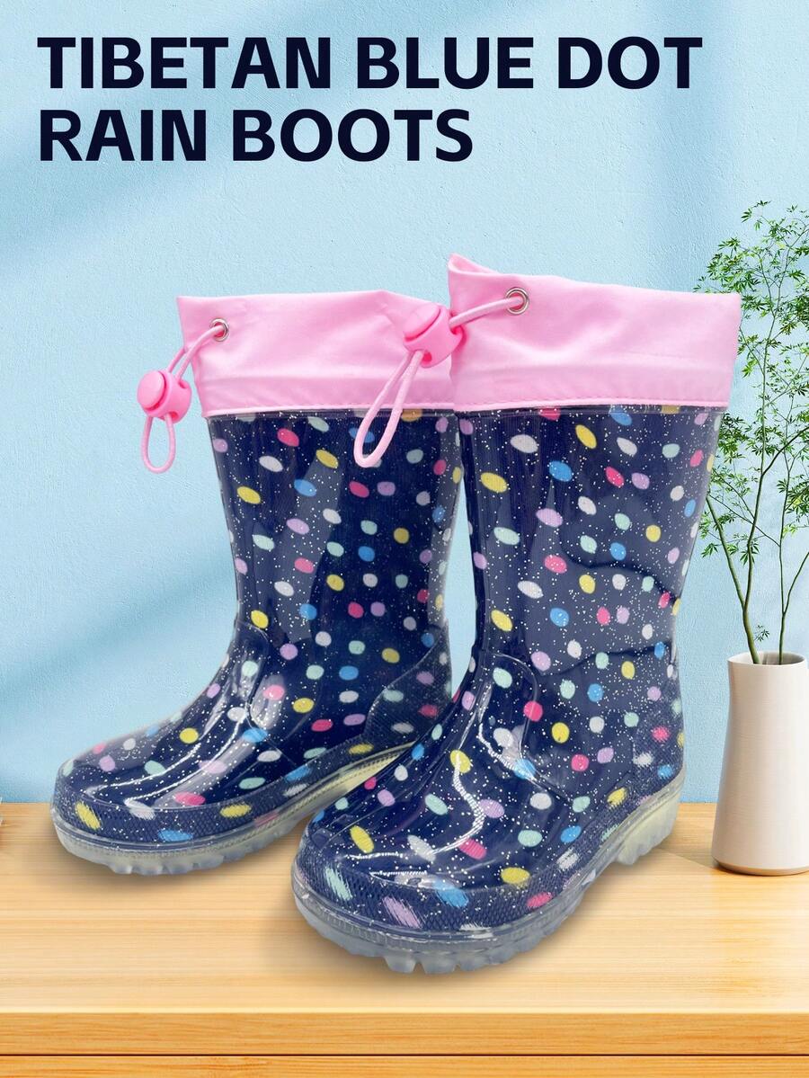 HSYAAMOO Kids Rain Shoes, Girls Rain Boots, Polka Dot Glitter, Drawstring Cuff, Waterproof, Anti-Slip Soft Sole