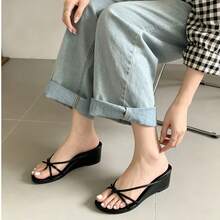 French-Style Thong Wedge Sandals For Women, Summer Outdoor Wear, 2026 New Model, Stunning And Versatile, Thin Strap Beach Thong Sandals - Black - View 3