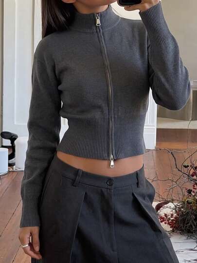 Live To Mo Cardigan en tricot zippé à manches longues, style business décontracté pour femmes, vêtement essentiel de rentrée automnale pour les sorties quotidiennes.