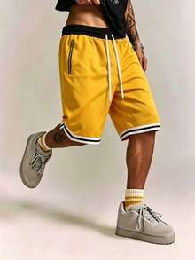 Men's Loose Fit Basketball Shorts, Elastic Drawstring Waist, Zipper Pockets, Striped Hem, Breathable Fitness Training Casual Sports Knee Length Shorts - Yellow - View 4