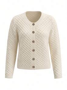 Elegant Ladies' Autumn/Winter Fashionable Daily Home Leisure Basic Simple Loose Solid Color Knitted Round Neck Long Sleeve Cardigan Jacket Sweater Top - Apricot - View 5