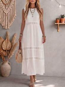 Sommer elegantes romantisches Vintage literarisches süßes Boho Damen ärmelloses langes Kleid mit Spitzen-Patchwork und Rundhalsausschnitt, lässiges Kleid für Pendeln, Urlaub, Feiertage, Partys und Ausflüge, Spitzen-Patchwork-Design, Hochzeitsfeier, Strandparty, romantisches Damen-Spitzen-Hohlkleid, weißes Kleid, lässige Kleider für Frauen, Leinenkleid, Sommerkleid - Weiss - Übersicht 2