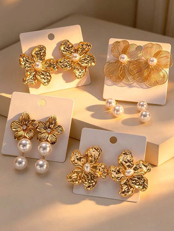 8pcs Fashion Minimalist Elegant Exquisite Vintage Design Geometric Flower Faux Pearl Tassel Pendant Rhinestone Shiny Asymmetric Pleated Texture Metal Style Exaggerated Wide Stud Earrings Multi-Piece Set Holiday Vacation Party Date Gift Daily Commute Wear Personalized