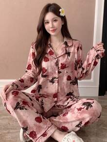两件套印花女士睡衣套装，质感面料，浪漫休闲长袖睡衣，适合春夏穿着 - 粉色 - 查看 4