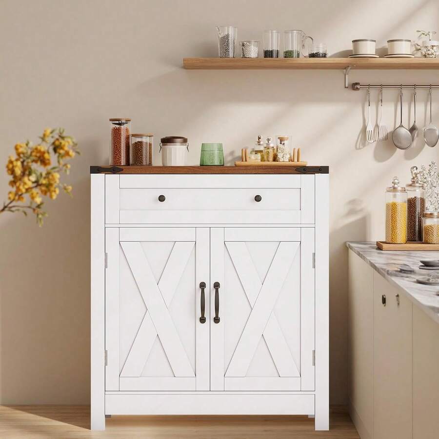 30" Coffee Bar Station, Kitchen Sideboard Buffet Cabinet With A Drawer And Adjustable Shelf, Modern Farmhouse Storage Cabinet For Kitchen, Living Room, Entryway, White - White - View 1