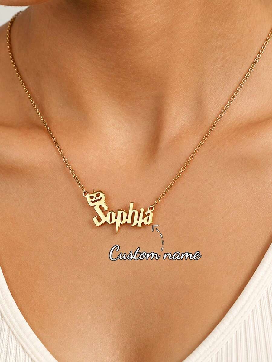 Customized Pumpkin Name Necklace, Stainless Steel Personalized Letter Pendant Necklace, Minimalist Fashion Jewelry, Halloween, Christmas, Birthday Gift