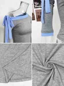 Autumn New Vintage Bow Tie Contrast Color Off-Shoulder Long Sleeve T-Shirt Minimalist Sexy Unique Base Layer Top - Grey - View 9