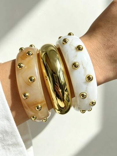 (Color Difference May Occur) 3pcs Simple Fashion Exaggerated Wide Round Geometric Asymmetrical Bracelet Set For Women, Sisters, Vacation, Date, Gift, Daily Casual, Party, Wedding Matching