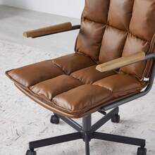 Home Office Desk Chair, Ergonomic Leather Computer Chair With Wheels And Oak Armrests, Height-Adjustable Swivel Executive Chair WL - 棕色+PU皮革 - 查看 3