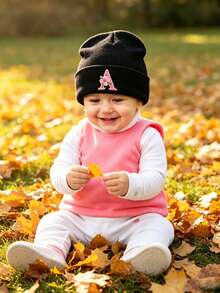 1pc Baby Knitted Warm Hat, 26 Letters Knitted Cap, Toddler Winter Hat, Unisex Boys & Girls Knitted Elastic Beanie - Black - View 3