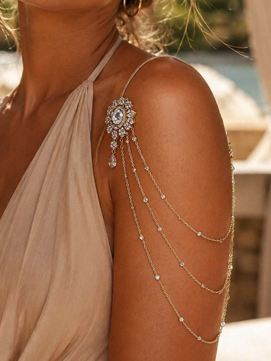 outingfit 1pc Multi-Layer Floral Shoulder Chain European & American Fashion Rhinestone Evening Dress Pendant Back Decor Body Chain - Gold - View 1