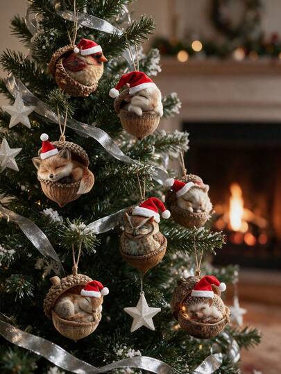 4pcs Christmas Acorn Animal Hanging Ornaments, Sleeping Fox, Owl, Hedgehog, Bird, Rabbit Wearing Christmas Hats, Christmas Tree Decoration Pendants, Winter Party Home Christmas Decor
