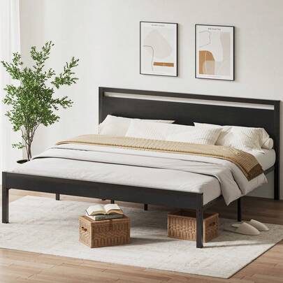 Sweetcrispy Bed Frame With Wood Headboard,Heavy-Duty Metal Platform With 1000lbs Capacity. No Box Spring Needed, Noise-Free, And Easy Assembly Design