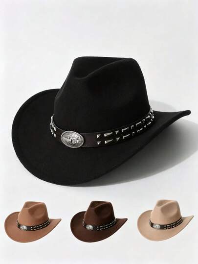 Unisex Rivet Studded Western Cowboy Hat, Vintage Felt Wide Brim Hat With Bull Head Metal Badge, Multi Color Casual Hat For Party Travel Festival