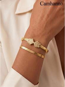 Camhanno 2pcs Luxury Zirconia Open Bracelet Snake Bone Chain Set Stainless Steel Plated 18K Gold Stacked Exquisite Female Decoration - Gold - View 2