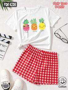 Camiseta de manga corta de algodón para niñas, con un estampado de tres piñas sonrientes, en un estilo lindo y dulce, para verano/otoño - Blanco - Ver 4
