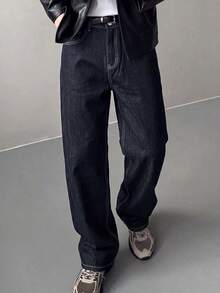 1件男士寬鬆牛仔褲，後口袋多工藝刺繡設計，街頭風，時尚百搭 - 深色水洗藍 - 查看 3