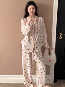 Pure Slumber 2pcs Heart Print Long Sleeve Pajamas, Textured Lapel Loungewear For Spring/Summer - Pink - View 1