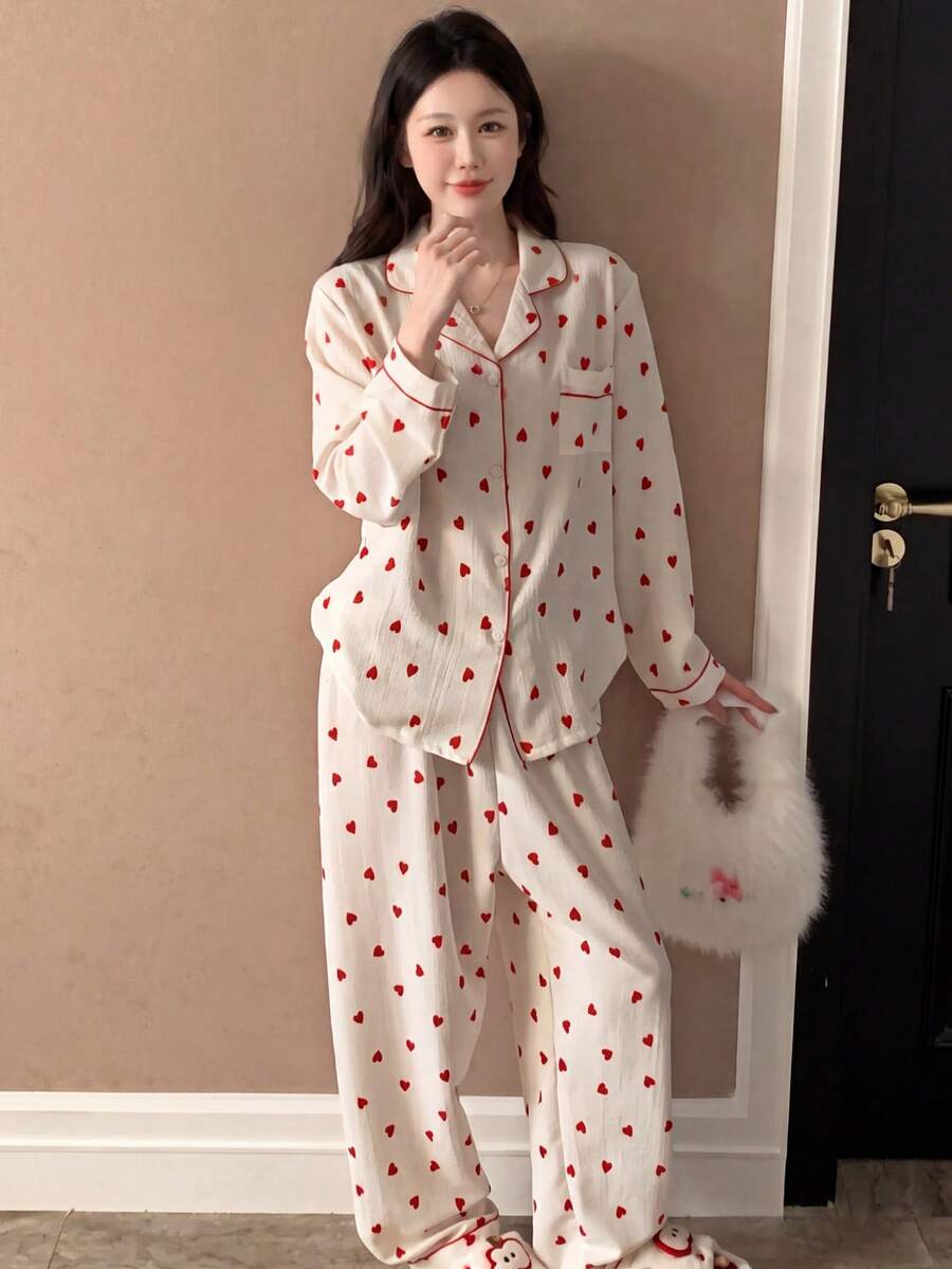 Pure Slumber 2pcs Heart Print Long Sleeve Pajamas, Textured Lapel Loungewear For Spring/Summer - Pink - View 1