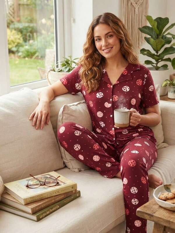 Women's Polka Dot Print Short Sleeve Single-Breasted Top And Pants Pajama Set