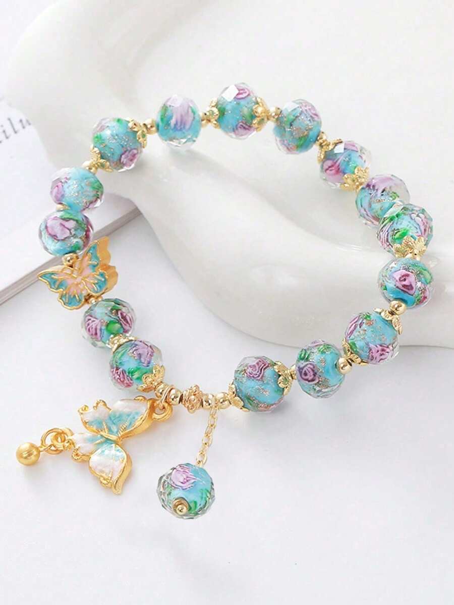 1pc Elegant Butterfly Beaded Glass Material Bracelet, Fashionable Design Suitable For Travel, Photography, And Gift Giving - Multicolor - View 1