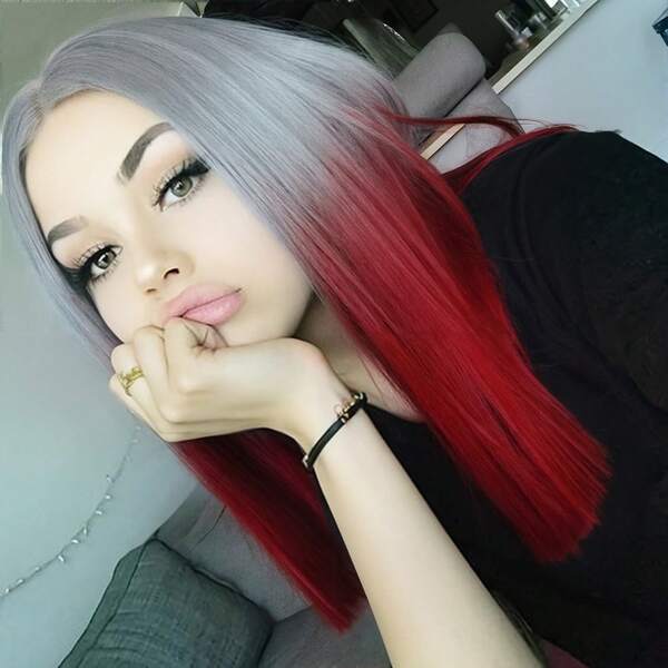 14" Short Ombre Gray Red Straight Bob Wig Heat Resistant Synthetic Wig Halloween Cosplay Daily Party Wigs Include Wig Cap (Ombre Gray Red)