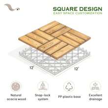 Acacia 12x12 Interlocking Wood Deck Tiles For Balcony, Garden, Patio, Poolside Decor - Waterproof Indoor And Outdoor Flooring - 12 Slats, Round Joints, Pack Of 10 - Natural - View 3
