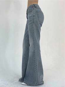Low Rise Flared Jeans For Women, Classic 5 Pocket Metal Button Fly Casual Denim Trousers, Summer Streetwear Slim Hip Wide Hem Long Denim Pants - Washed Color - View 3