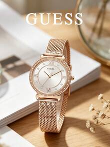 GUESS Women's Quartz Watch With Starry Rhinestone Dial, Roman Numerals, Minimalist White Face, Rose Gold Steel Band, Elegant Luxury Style - Gold - View 1