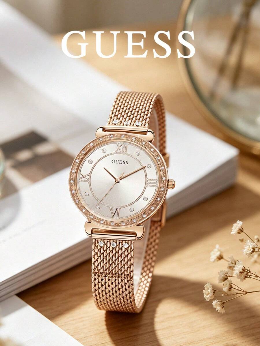 GUESS Women's Quartz Watch With Starry Rhinestone Dial, Roman Numerals, Minimalist White Face, Rose Gold Steel Band, Elegant Luxury Style - Gold - View 1