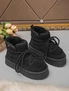 Women's Comfortable Non-Slip Black Lace-Up Warm Thick Sole Snow Boots Slip-On High Platform Thick Sole Boots Fuzzy Lining Warm Women's Boots Autumn/Winter Daily Wear Black Snow Boots - Black - View 7