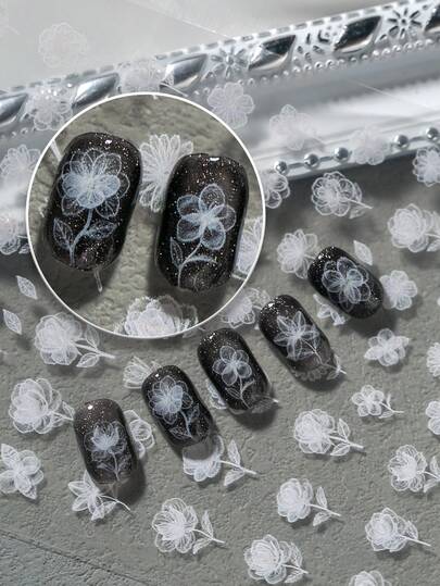 1 Sheet White Lace Floral Nail Art Stickers, Featuring Various Flower Types And Sizes Of Hollow Roses And Delicate Floral Leaves, Exquisite Lace Lines Replicating Transparent Embroidery Mesh Texture, Pure White Elegant Color Scheme; Suitable For Wedding Dress And Bridal Looks, French Gentle Nail Art, Korean White Water Nude Nails, Date And Commute Outfits, Light Vintage Mori-Style Niche Nail Art Scenes, Ideal For Girls Who Prefer Elegant Lace Style, Bridal Nail Artists, And Wearable Nail Merchants Specializing In Transparent White Nude Color Systems For Nail Art DIY Creation.