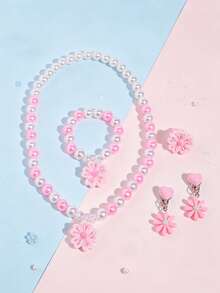 5pcs/Set Floral Faux Pearl Jewelry Necklace Bracelet Ring Clip-On Earrings For Girls Princess Party Dress-Up Gift - one-size - View 9