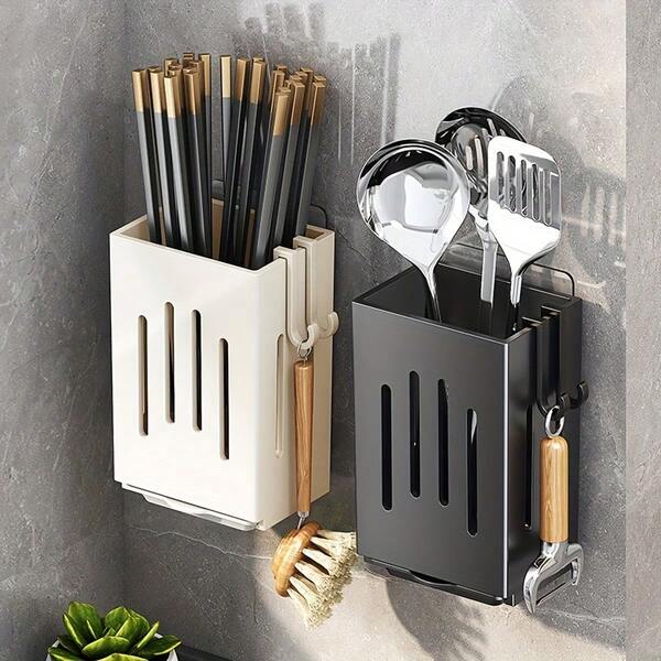 Multifunctional Kitchen Utensil Organizer, Self-Adhesive Hollow Drainage Chopstick Holder, Ventilated Drainage Design, Removable Drip Tray, Space-Saving Wall-Mounted Utensil Organizer