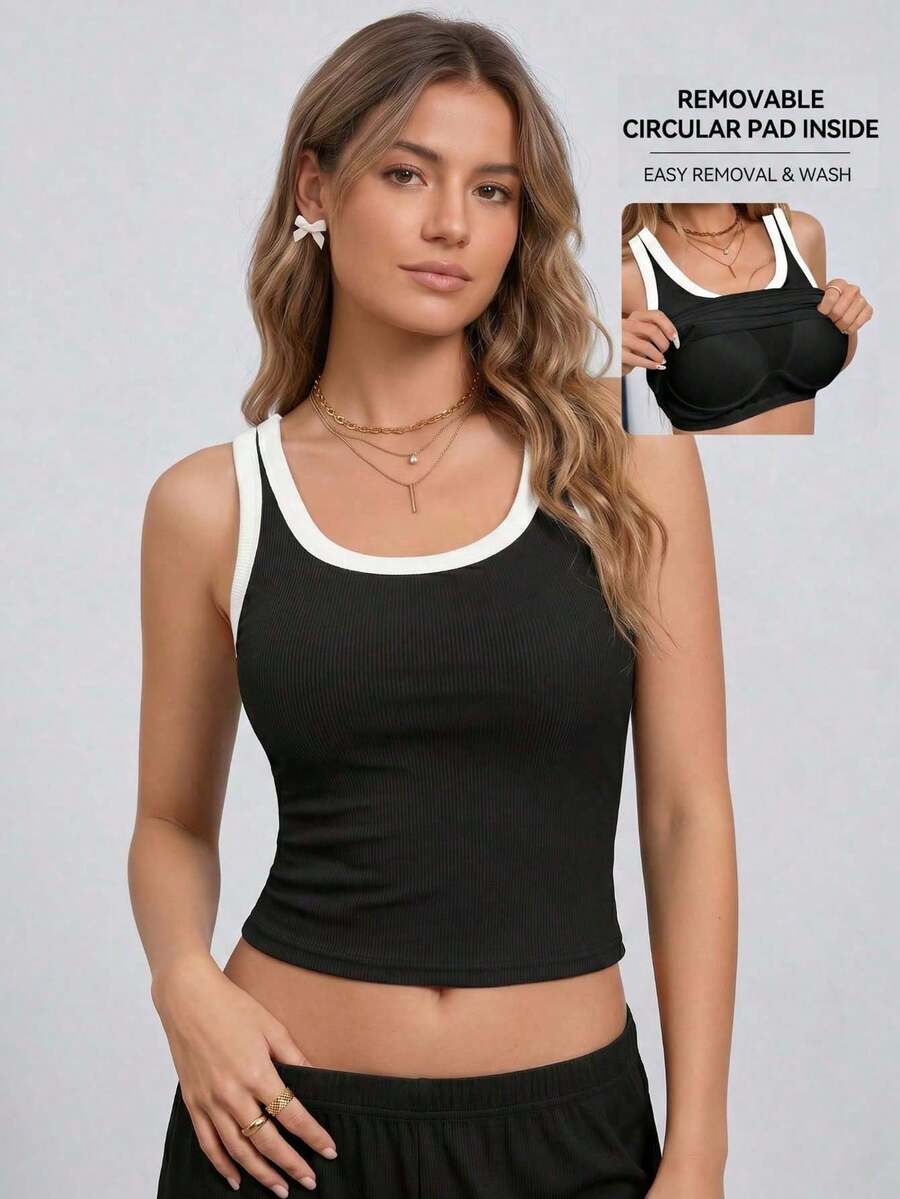 1pc All-Season Large U-Back Contrast Color Ribbed Tank Top, 2-In-1 Built-In Padded Sports Yoga Tank, Versatile Outerwear & Base Layer - Black - View 1