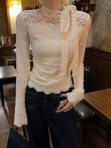Exquisite Lace Crochet High Neck Long Sleeve Knit Sweater, Unique Bow Decor Layered Top, Women's Valentine's Day Outfit, Autumn/Winter/Spring - Apricot - View 2