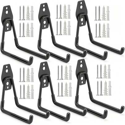 Heavy Duty Wall Mount Tool Hooks Black L-Shaped Iron Hangers 2 Pack With Complete Screws, Garage Garden Storage Rack For Shovel Broom Rake, Rustproof Strong Load Bearing, Wall Fence Universal Organizer
