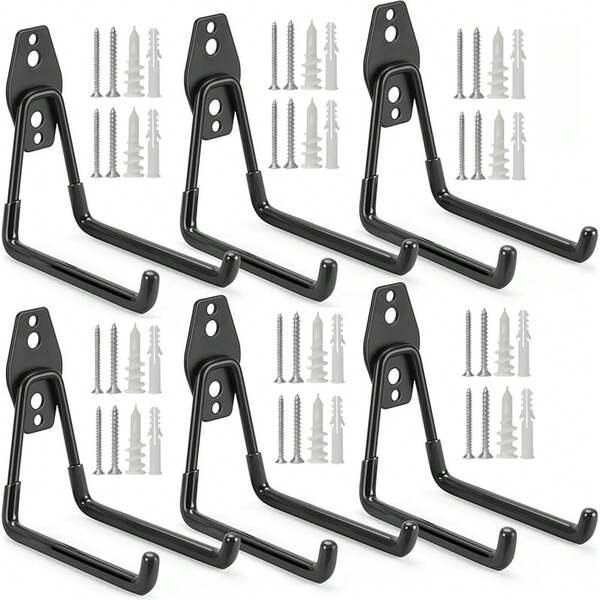 Heavy Duty Wall Mount Tool Hooks Black L-Shaped Iron Hangers 2 Pack With Complete Screws, Garage Garden Storage Rack For Shovel Broom Rake, Rustproof Strong Load Bearing, Wall Fence Universal Organizer